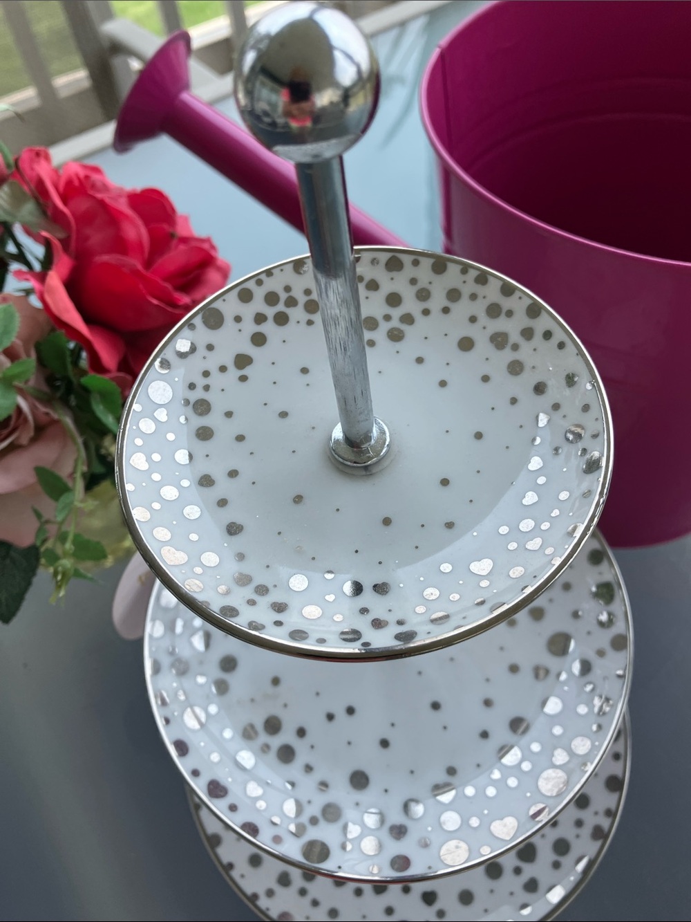 Porcelain 3 Tier White Serving Dish With Sparkling Silver Polka Dots - Picture 2 of 11